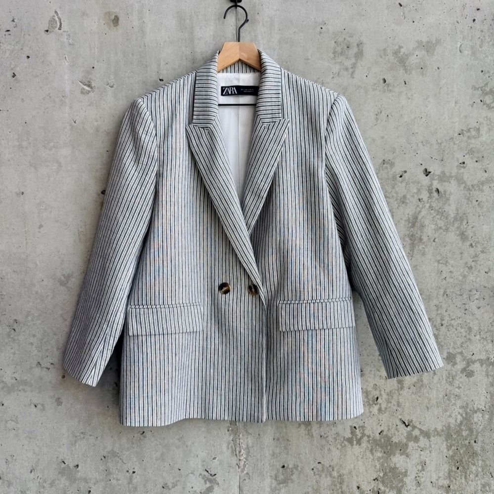 Zara Oversized Striped Preppy Old Money Blazer Navy White Linen Blend-Size L